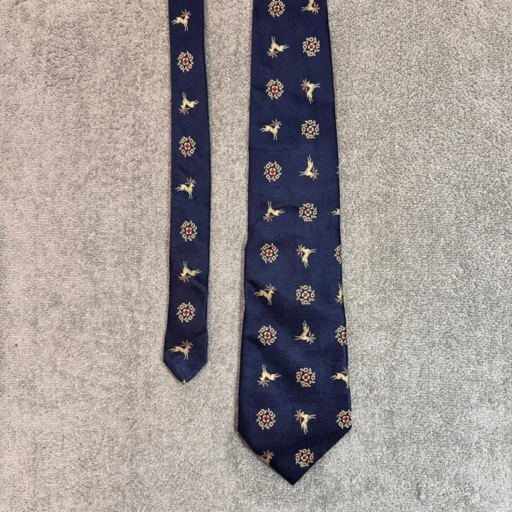 Banana Republic Mens Silk Tie Navy Blue Gold Stag Reindeer Floral Made in Italy